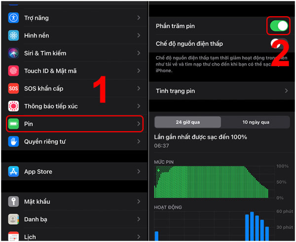 hiển thị phần trăm pin iphone