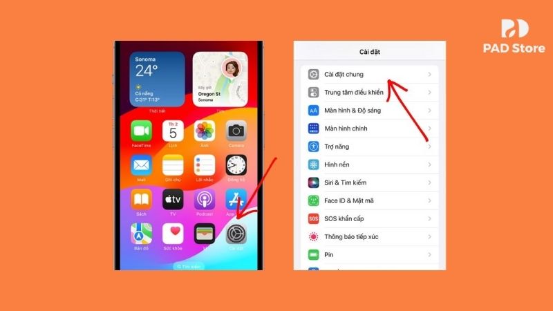 Vào cài đặt và nhấn vào cài đặt chung