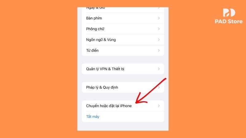 Nhấn vào Chuyển hoặc đặt lại iPhone