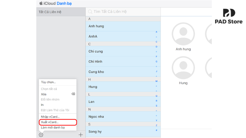 Chọn Xuất vCard để tải tệp tin về máy tính