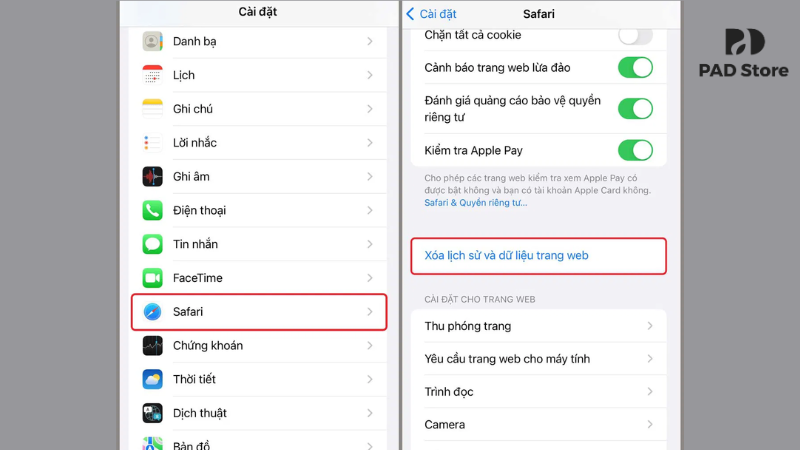 Thực hiện lệnh Xóa lịch sử và dữ liệu trang web trong phần Cài đặt