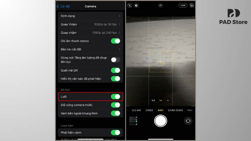 Vào phần Cài đặt, chọn Máy ảnh và kích hoạt tính năng Lưới