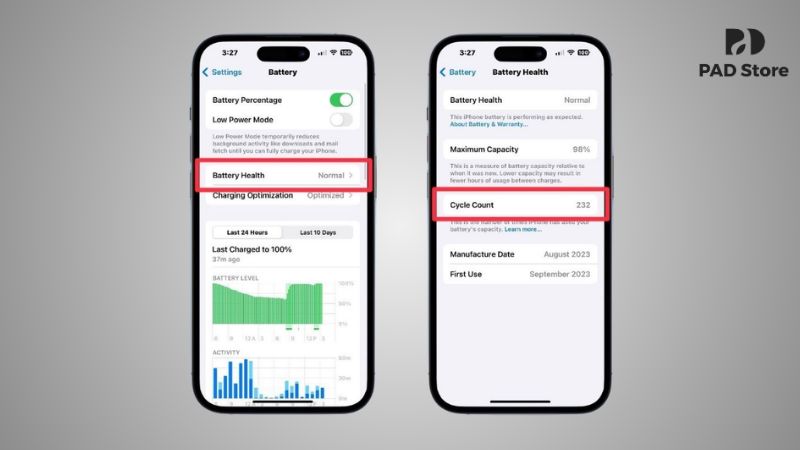 Điện thoại sẽ hiển thị Ngày sản xuất viên pin, Ngày sử dụng lần đầu và quan trọng nhất là Số chu kỳ sạc